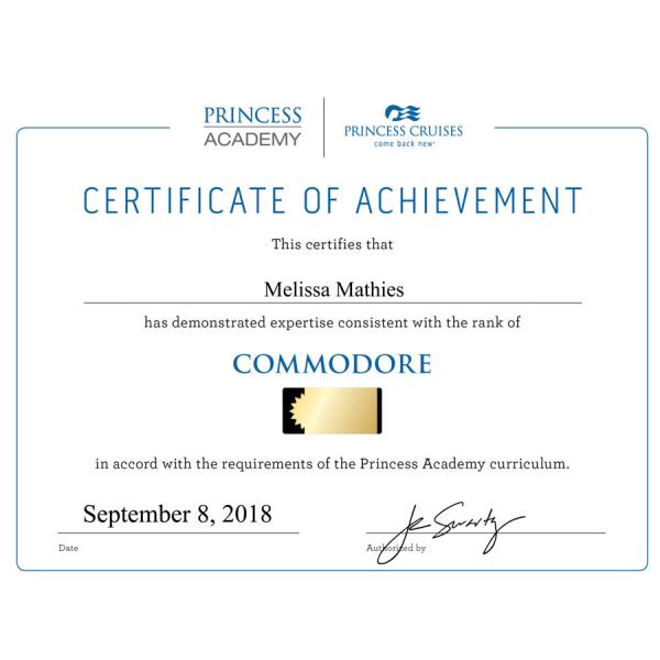 Princess Commodore Certificate